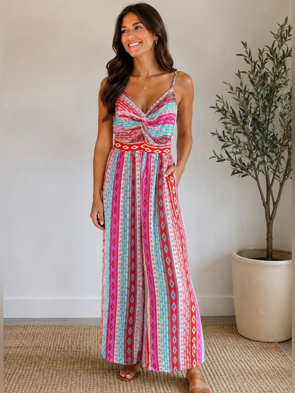 Striped Twist-Front Maxi Dress in Pink & Turquoise